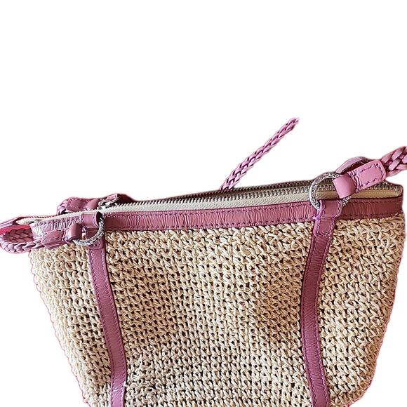 Brighton Woven Straw Raffia Macrame Medium Tan w Pink Shoulder Handbag As Is - Picture 2 of 15